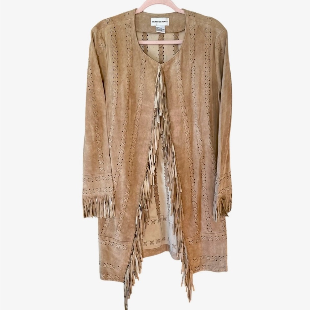 Women's NEWPORT NEWS Long Sleeve Fringed Leather (SUEDE) Jacket Beige Size XL